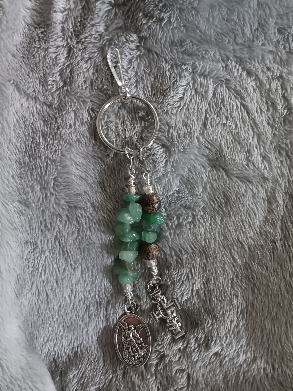 Green Beaded Charm Keychain with Silver Medallion
